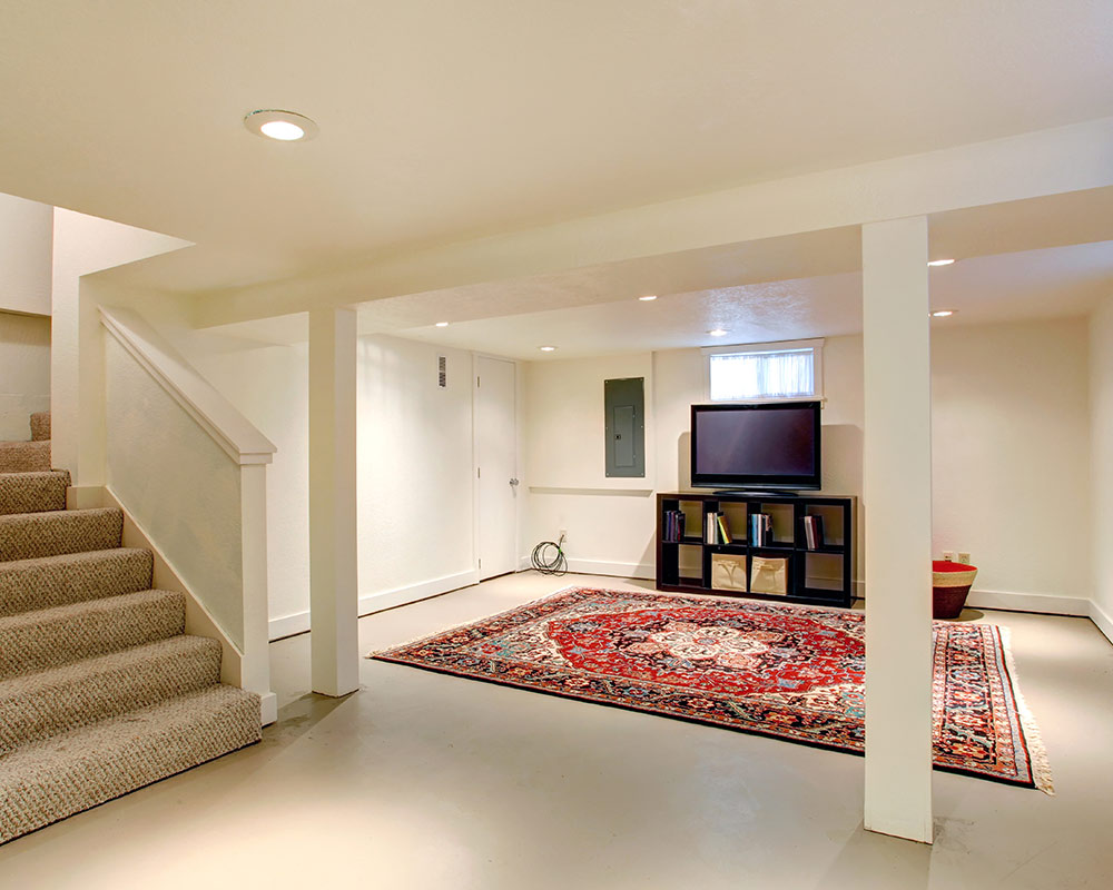 finished basement with red rug and tv barnegat nj